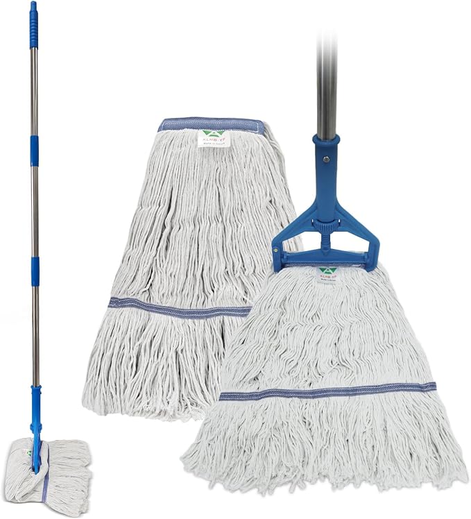 Commercial Cotton Mop | Heavy-Duty Industrial Mop | 2 Replacement Heads | 152cm Stainless Steel Handle | Professional Institutional Cleaning (A)
