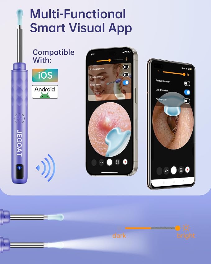 Jegoat Ear Wax Removal, Ear Wax Removal Tool Camera with 1296P HD Camera and 6 LED Lights, Ear Cleaner with 10 Ear Pick, Upgraded Ear Wax Removal Kit for iOS and Android, Purple