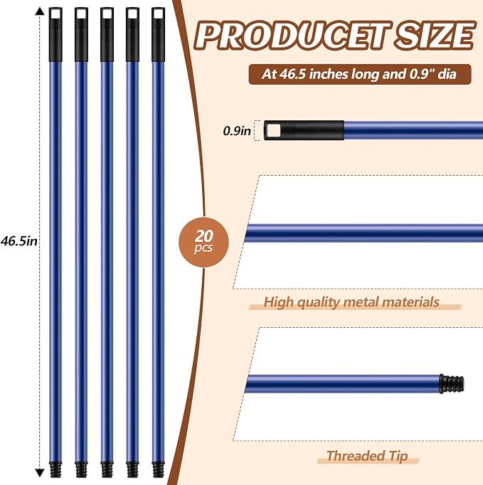 Gisafai 20 Pcs 46.5 Inch Broom Handle with Threaded Tip Powder Coated Broom Handle Metal Cleaning Pole with Plastic Thread Stick for Floor Brushes Replacement Clean Tools Commercial Home Office (Blue)