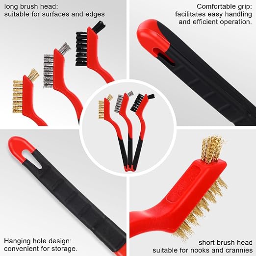 Reallnaive 50 Pcs Wire Brushes for Cleaning Rust 7 Inch Brass/Stainless Steel/Nylon Wire Brushes with Curved Handle Grip for Deep Cleaning Small Parts Rust Dirt Paint Scrubbing