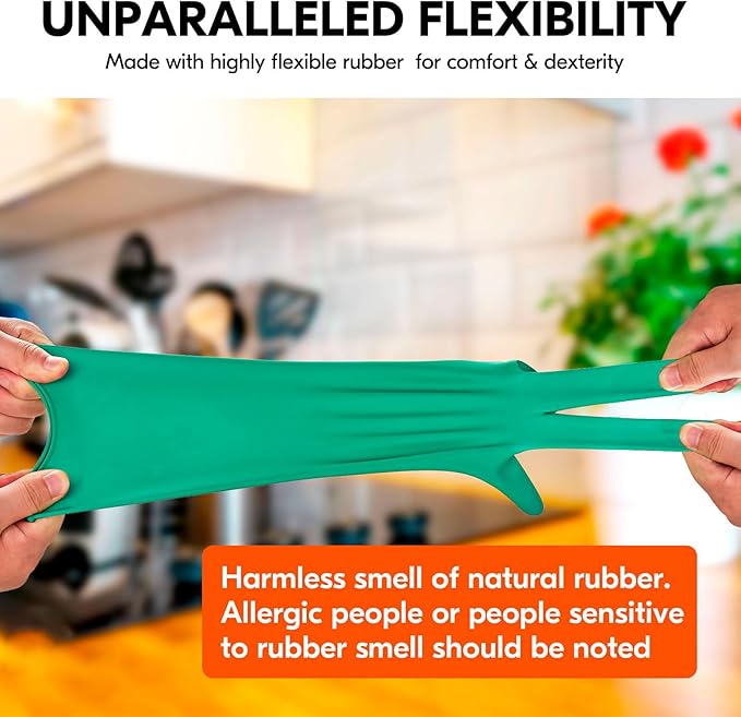 Vgo... 2-Pairs Reusable Household Gloves, Rubber Dishwashing gloves, Extra Thickness, Long Sleeves, Kitchen Cleaning, Working, Painting, Gardening, Pet Care (Size L, Green, HH4601)