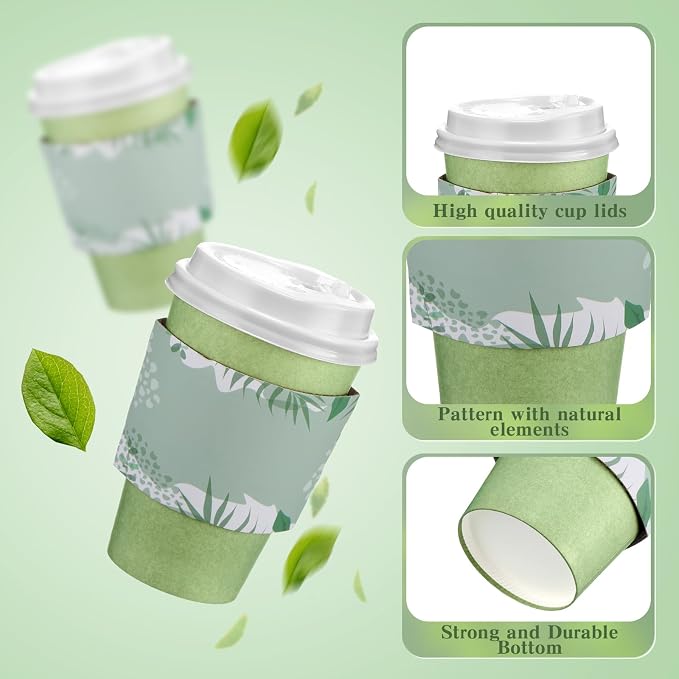 Zopeal 50 Pack Sage Green 12 oz Disposable Coffee Cups with Lids and Sleeves, Paper Hot Travel Cups for Beverages, Wedding, Baby Shower, Office and Party Supplies
