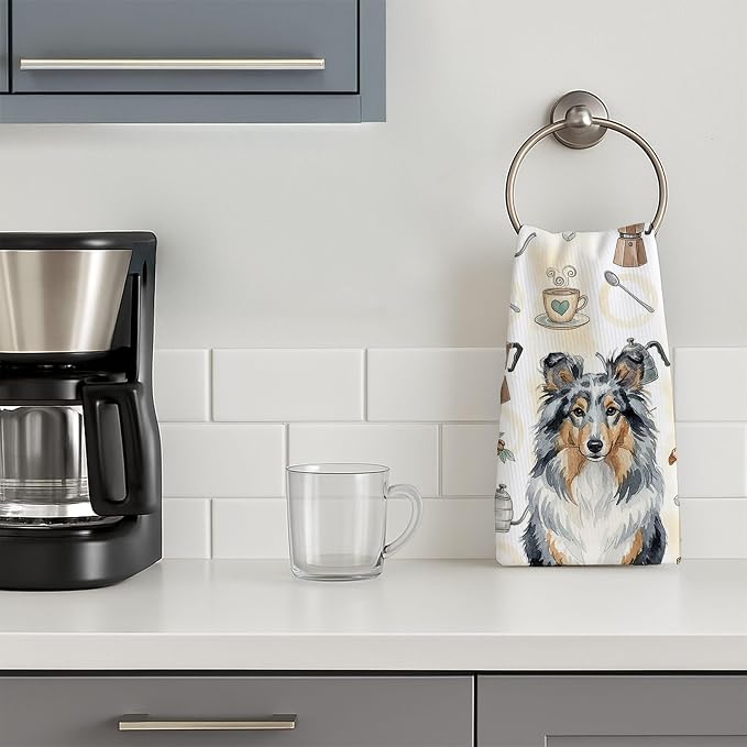 Caroline's Treasures Blue Merle Sheltie Coffee Bar Kitchen Towel Velour Plush Front and Cotton Loop Back Machine Washable