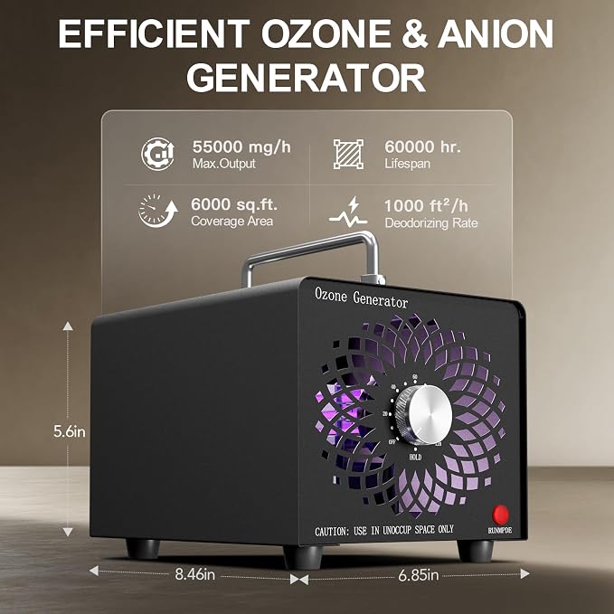Ozone Generator 55000mg/h, High Capacity Ozone Machine Odor Removal Up to 6000 Sq.Ft, for Car/Home/Smoke/Pet Odor, Black
