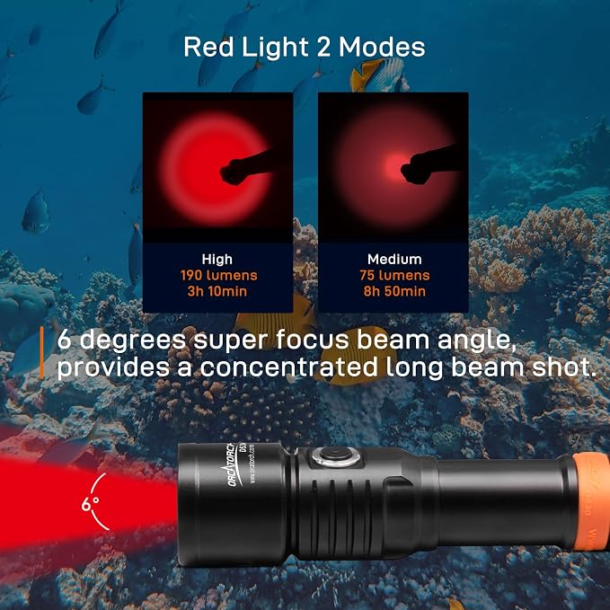 ORCATORCH D530 Scuba Dive Light 190 Lumens, Titanium Alloy Diving Flashlight with Waterproof IP68, Diving Flashlight 2 Lighting Modes for Underwater 150m Diving (Red Light