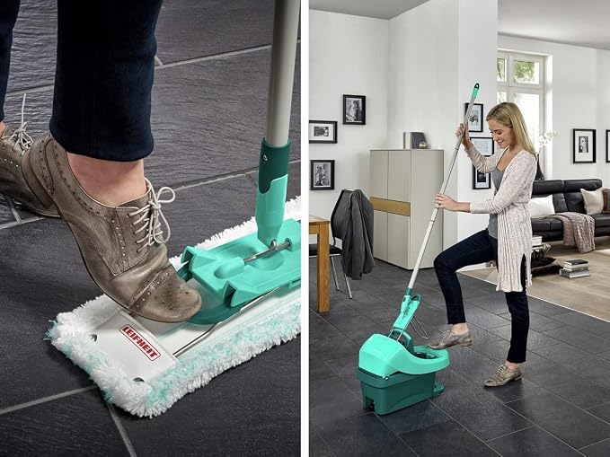 Leifheit Floor Cleaning Profi XL Mop and Bucket Set – 42 cm Microfibre Mop for Large Floors with 360° Joint, Foot-Pedal Wringing System, Heavy Duty 8 L Bucket, Easy Moist or Wet Cleaning, Turquoise