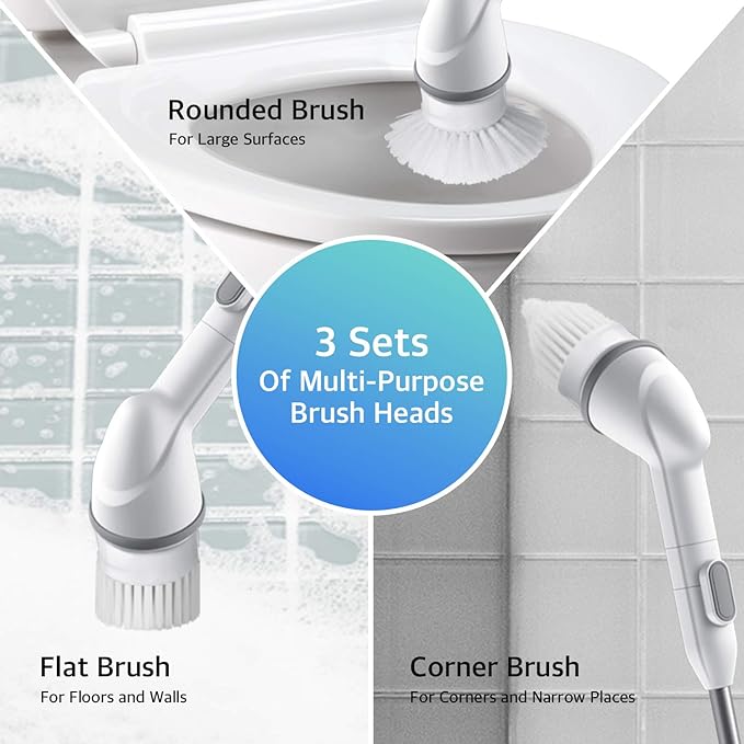 ABKO Electric Spin Scrubber Cordless Lightweight Cleaning Replaceable Brush Head Adjustable Extension Rod for Tile Bathtub Floor Bathroom Kitchen BC01