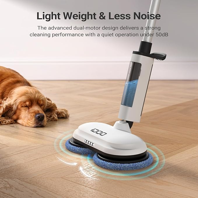 iDOO Electric Cordless Spin Dust Mop, Electric Mops for Floor Hardwood Tile Cleaning with Sprayer & LED Headlight, Rechargeable Dual-Motor, Quiet Self Propelled, Water Tank 4 Replaceable Heads, White