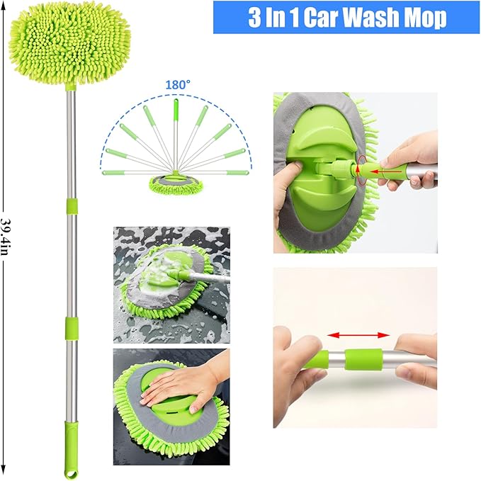 Car Detailing Kit, Car Detailing Brush Set with Wash Mop, Bendable Car Wheel Rim Cleaner Brush Set, Car Detailing Brushes, Car Wash Cleaning Tools Kit for Interior, Exterior, Wheels, Blue