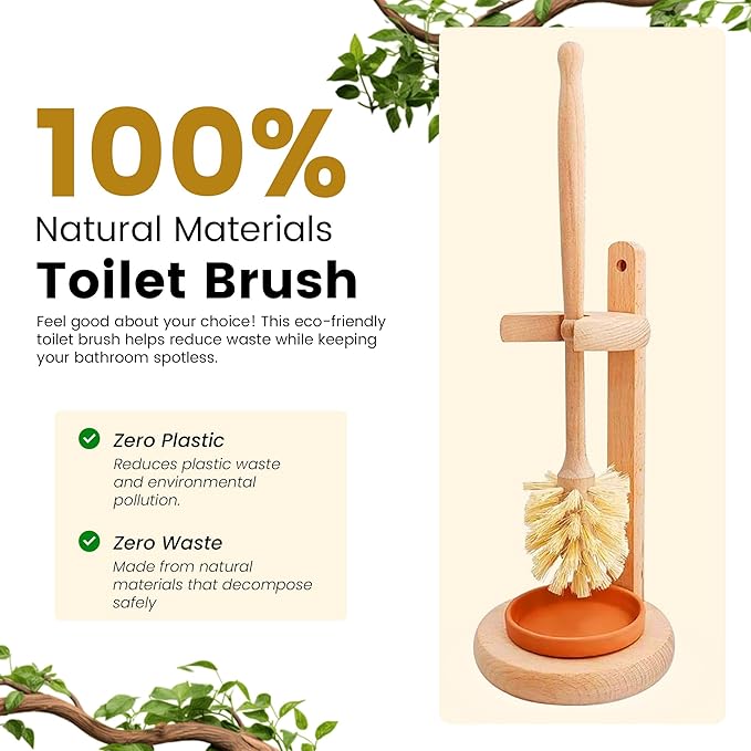 ELDR Supply Toilet Bowl Cleaner Brush with Holder, 14 Inch Extra Long German Beechwood Handle, Strong Hemp Bristles, Ceramic Drip Tray, Biodegradable