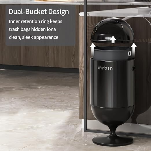 MRBIN Metal Trash Can with Lid, 5.3 Gallons / 20L Medium Decorative Waste Basket, Round Tall Garbage with High Leg for Bathroom, Office, Bedroom, Kitchen, Black