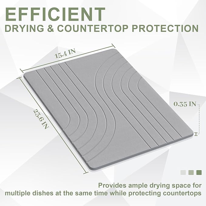 Large Stone Drying Mat for Kitchen Counter, 24" × 16" Diatomite Dish Drying Mat, Quick Dry Stone Mats, Ultra Absorbent Natural Diatomaceous Earth Mats for Dished, Bottles, Dark Grey