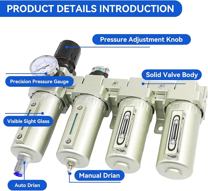 4 Stage 3/4" Air-Dryer-for-Compressor 2Filter&2Dryer System,Auto Drain | Air-Compressor-Water-Separator-System for Plasma Cutter and Paint Spray, NPT Industrial Grade