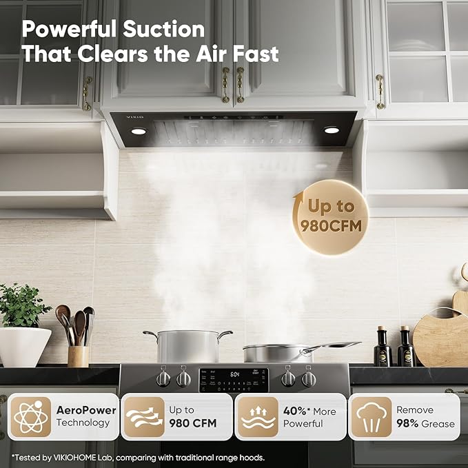 VIKIO HOME Black Built-in/Insert Range Hood 36 Inch, 980 CFM Hood Vent for Kitchen, Ducted/Ductless Convertible Duct, Stainless Steel Kitchen Vent Hood with Gesture & Touch Control, 3 Baffle Filters