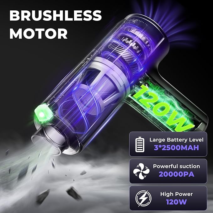 20000Pa Cordless Car Vacuum, 80,000 RPM Brushless Motor Handheld Vacuum with 7-in-1 Air Duster Blower, Portable Type-C Rechargeable Cleaning Kit for Pet Hair, Home & Office, Black