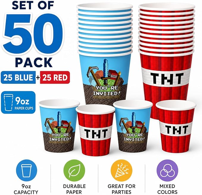50Pcs Pixel Themed Paper Cups Disposable 9oz Paper Cups for for Sports Supplies Decorations Drinking for Birthday Party Favors