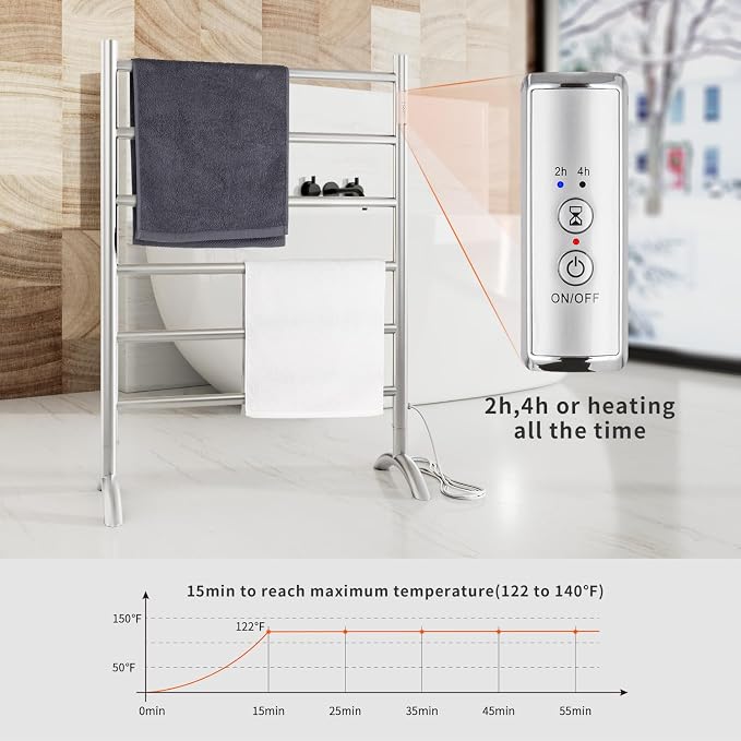 Freestanding Towel Warmer 6 Bars Plug-in Option 3 Working Modes Brushed Stainless Steel 24” W 34” H