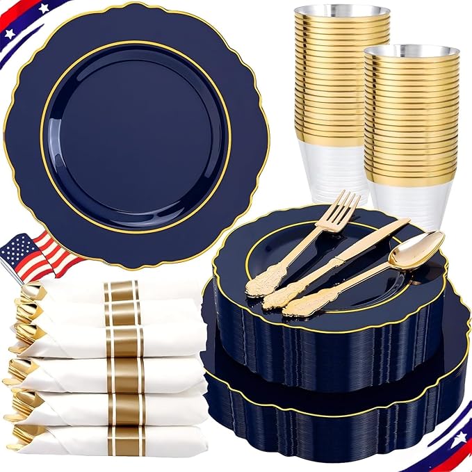 Liacere 350PCS Navy Blue Plastic Plates-Disposable Blue Gold Plates 50guest Plastic Dinnerware include 100Plates,50Pack Pre Rolled Napkins with Silverware 50Cups for Graduation & Independence Day