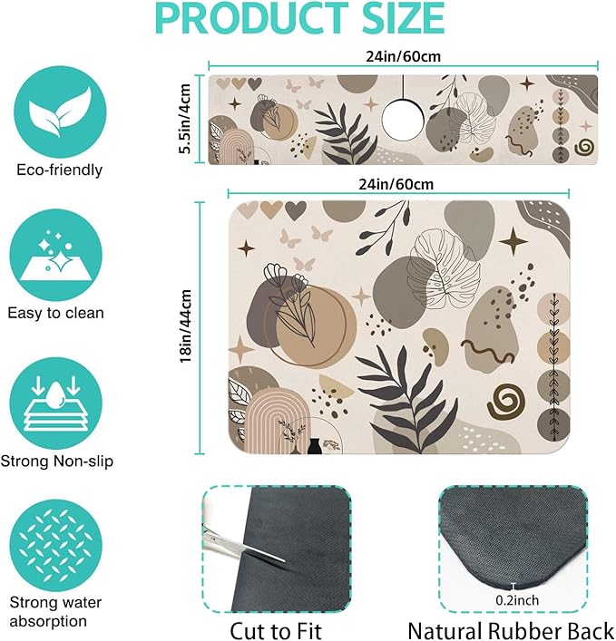 Dish Drying Mat for Kitchen Counter Matt, 2PCS 24"x18" Dish Drainer Mat & 24"x5.5" Sink Splash Guard, Super Absorbent Non-slip Rubber Backed