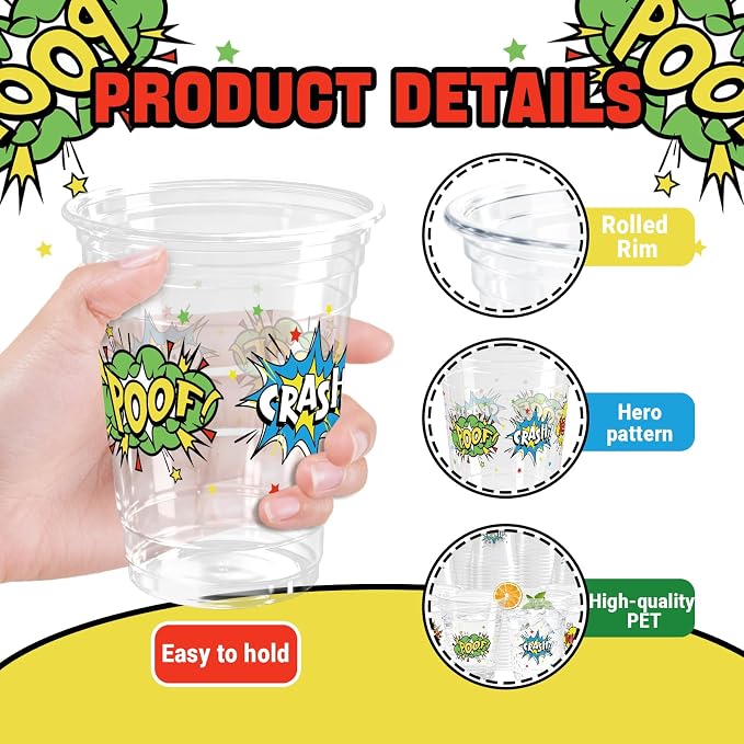 100 Pack Hero Party Plastic Cups 12 Oz Comic Themed Disposable Cups Hero's Action Birthday Party Decoration for Beverage Coffee Birthday Party Supplies