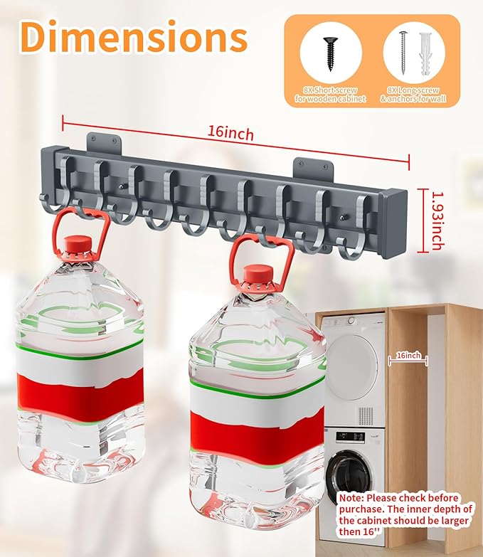 Pull Out Broom Holder With 9 Adjustable Sliding Hook, Multifunctional Slide Broom And Mop Storage/Organizer Garage Organization Hooks, for Closet Laundry - Dark grey- 41cm/16.14inch