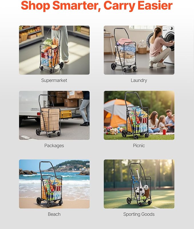 VEVOR Shopping Cart, Folding Grocery Utility Cart with Swivel Wheels, 90 LBS Large Load Capacity, Heavy Duty Rolling Laundry Basket Butler for Laundry, Shopping, Camping, Grocery, Luggage, Black