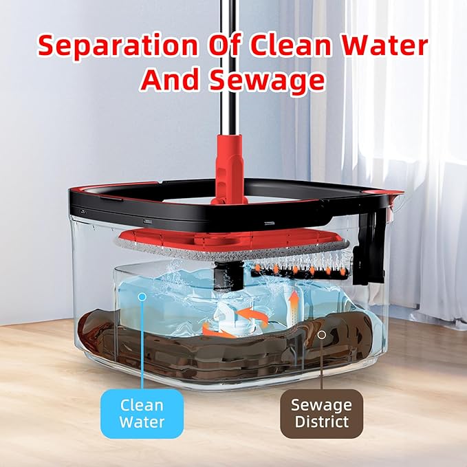 Spin Mop and Bucket with M16 Self Separation Dirty and Clean Water System with 2pads, Self Wringing 360° Rotating Clean Mop-Head and Bucket Set for Hardwood Tile Marble Floor-(Black+Red)