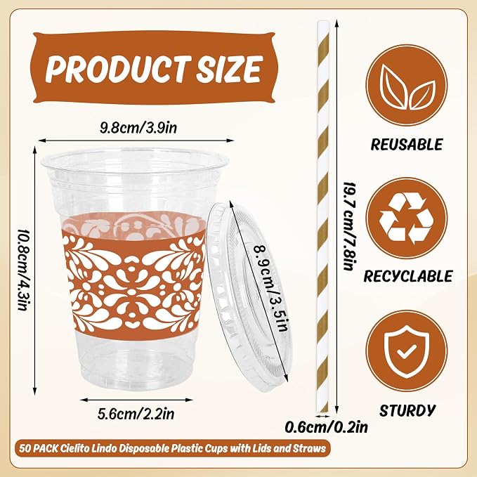 JarThenaAMCS 50Pcs Cielito Lindo Disposable Plastic Cups with Lids and Straws Terracotta Flower Clay Cold Beverage Drinking Cups for Cinco De Mayo Mexican Talavera Wedding Party Supplies