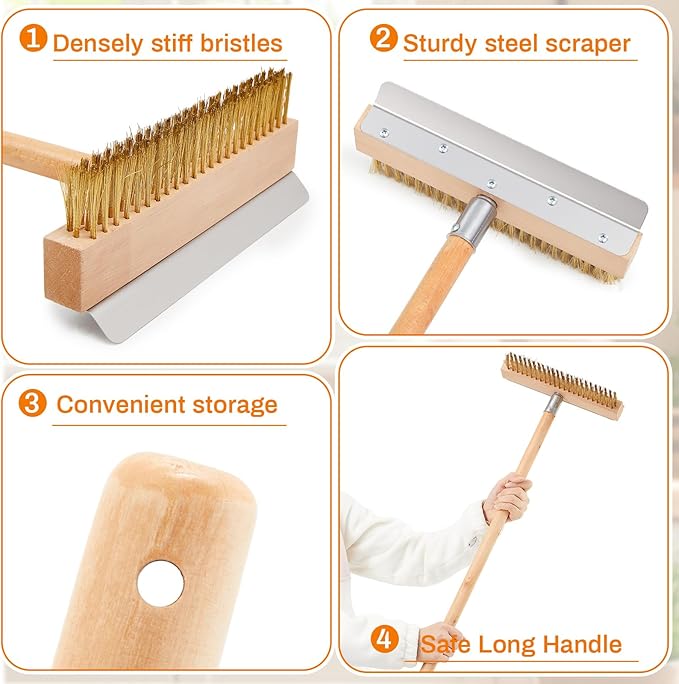 Reallnaive 1 Pack 37 Inch Wood Handle Pizza Oven Brush with Scraper Outdoor Pizza Oven Cleaning Brush Tool, Aluminum Threaded Tip, Brass Bristles with Steel Scraper