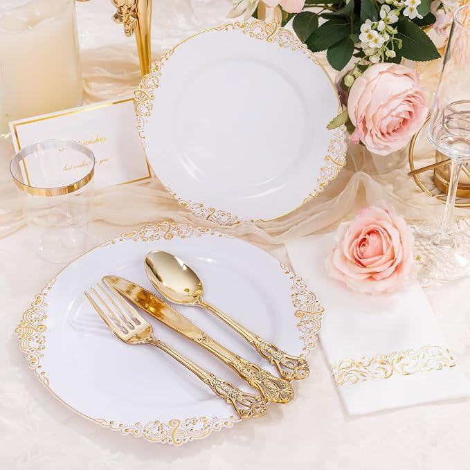 YOUBET 700PCS Gold Plastic Dinnerware Set - 36 Pack Clear Champagne Flutes Plastic - 200 Disposable Plates, 300 Heavy Duty Silverware, 100 Cups,100 Napkins for Wedding Party Graduation