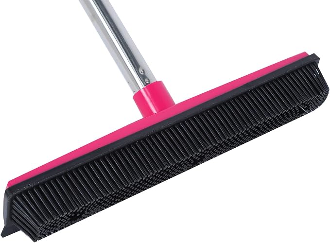 Carpet Hair Removal Broom with 48'' Telescoping Adjustable Handle, Rubber Broom Carpet Rake for Pet Hair Dust Removal Daily Household Cleaning(Pink)
