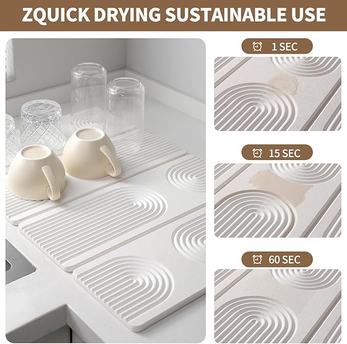 Large Quick-Dry Stone Drying Mat for Kitchen Counter, 24" × 16", Foldable Diatomaceous Earth Dish Drying Mat with PU Non-Slip Base,for Bottles Cups Dishes (White (4-fold), 24" × 16")