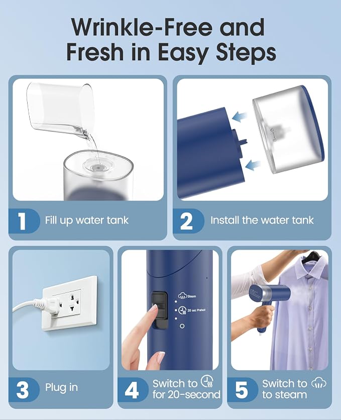 Handheld Steamer for Clothes, 1200W Foldable Travel Steamer, 20 Sec Preheat Garments Wrinkle Remover, 120V Portable Hand Iron with 150ml Water Tank, Clothes Steamer for Home Travel Blue