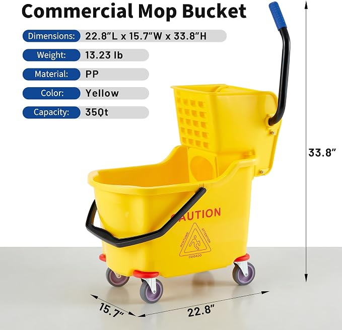 Commercial Mop Bucket with Side Press Wringer on Wheels, 35 Quart Capacity for Floor Cleaning, Kitchens, Restaurants, and Janitorial Use, Yellow