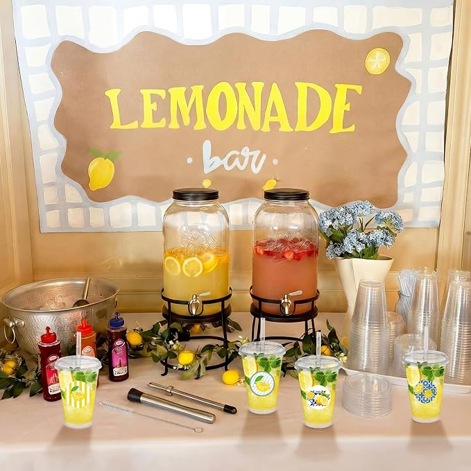 Yungyan 25 Sets Lemonade Cups with Lids Straws 32 oz Clear Plastic Cups Include Lemon Slicer, Muddler, Straw Puncher, Stickers and Straw Brush Summer Lemonade Stand Supplies Kits for Lemon Bar