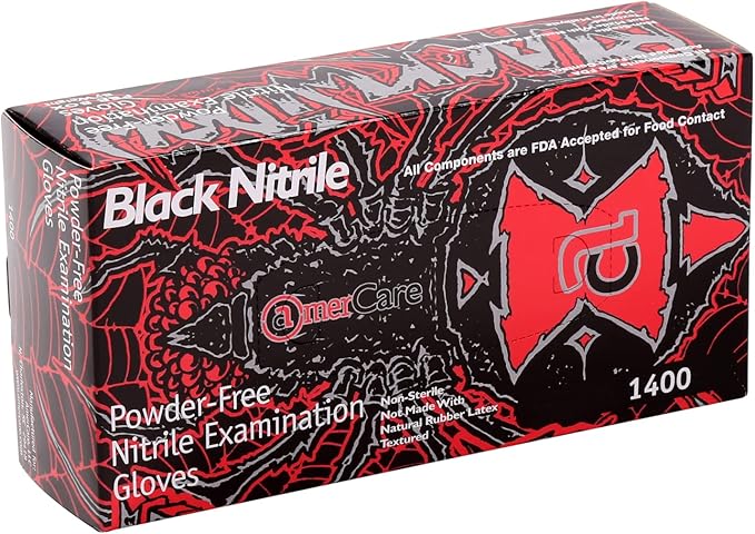 AmerCareRoyal Black Widow Nitrile Latex Free Disposable Gloves - Powder-Free, Exam Grade Gloves with Textured Grip - Medium, Black, Case of 1000