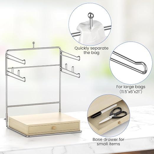 Plastic Grocery Bag Holder,Plastic Bag Organizer with Wooden Drawers Base for Grocery Store, Supermarket, Restaurant, Business