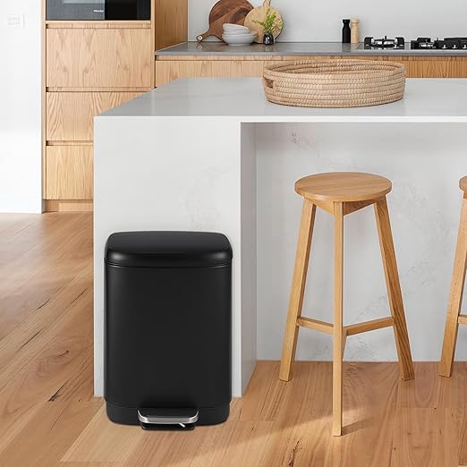 12L Bathroom Trash Can with Lid, Stainless Steel Kitchen Trash Can with Odor-Protective Lid | Hands-Free, with Foot Pedal and Trash Bag Ring, Removable Inner Bin, Suitable for Bathrooms, Black