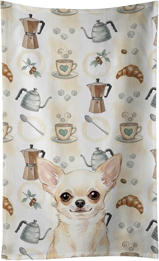 Caroline's Treasures Cream Chihuahua Coffee Bar Kitchen Towel Velour Plush Front and Cotton Loop Back Machine Washable