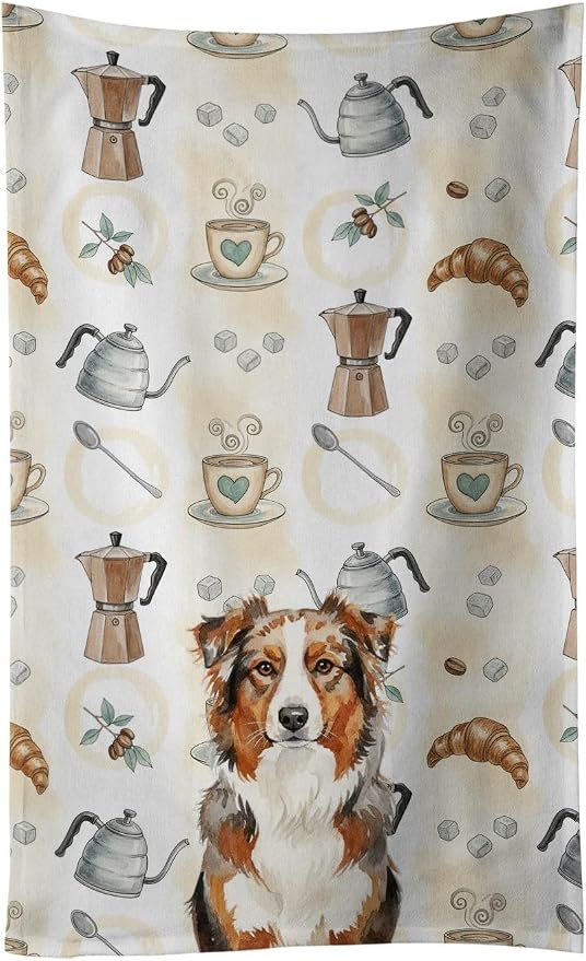 Caroline's Treasures Red Merle Australian Shepherd Coffee Bar Kitchen Towel Velour Plush Front and Cotton Loop Back Machine Washable