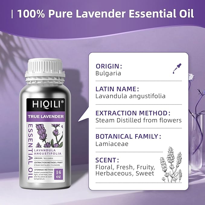 HIQILI Lavender Essential Oil Large Capacity, 100% Natural for Aromatherapy, DIY Candle & Soap Making, Skin Moisturizing. Suitable for Hotels, DIY Studios, Spas and Hair Salons - 500ml/16 fl oz