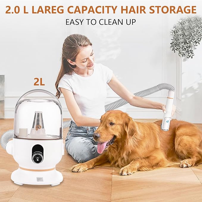Dog Hair Vacuum & Pet Grooming Kit, 5 in 1 Pet Grooming for Dogs Cats, 2L Large Capacity Pet Hair Vacuum, Low Noise Dog Hair Vacuum for Shedding Pet Hair, Home Cleaning, White