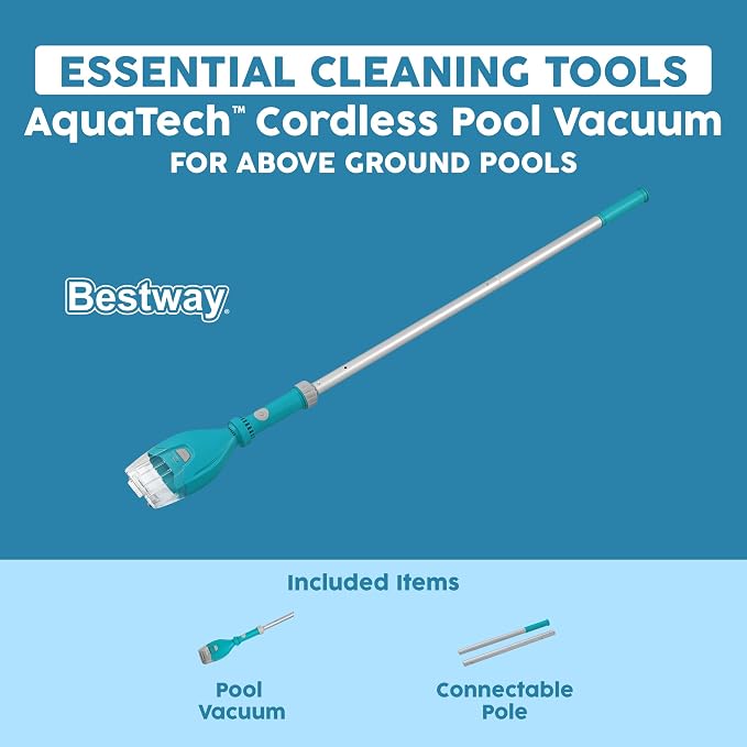 Bestway Cordless Pool Vacuum for Up to 10 Ft Pools, AquaTech Cordless Vacuum Cleaner - Adjustable Pole, Debris Compartment, and AA Battery Operated