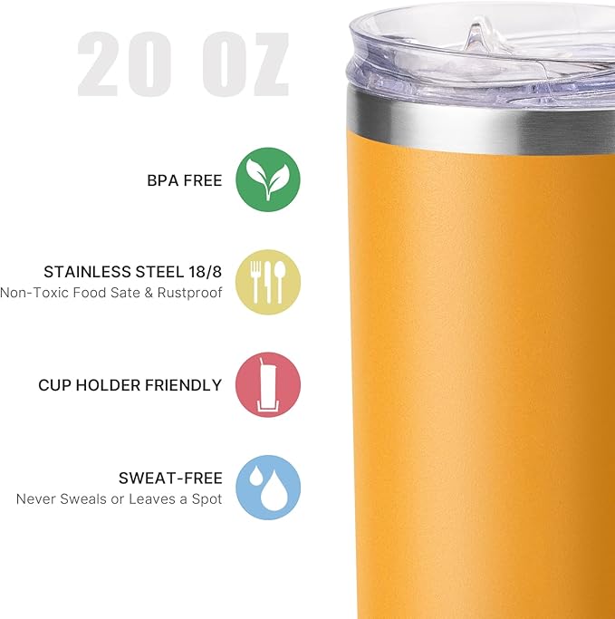 koodee Tumbler with Lid and Straw-20 oz Stainless Steel Vacuum Insulated Coffee Traver Mug, Beach Cup Tumbler(Mango Yellow)