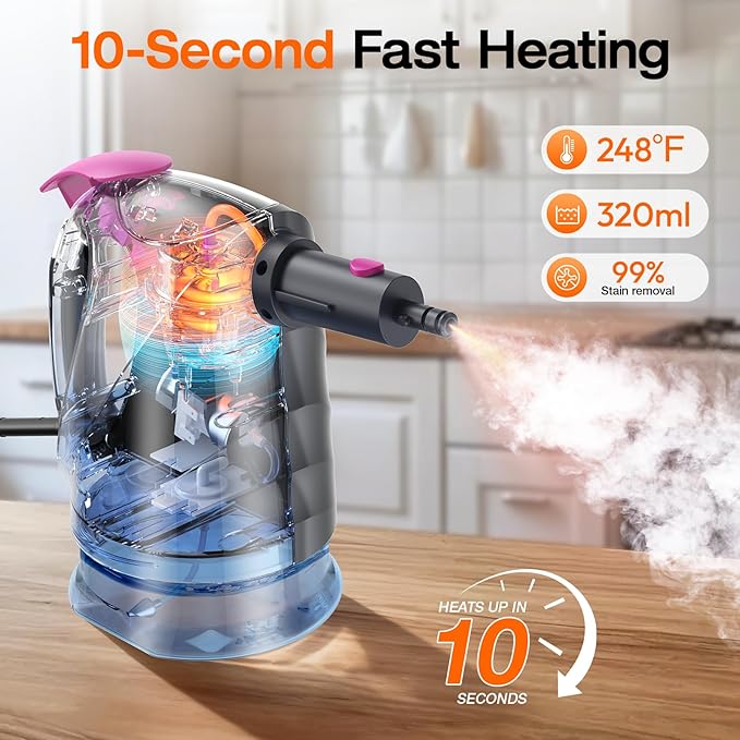 10-in-1 Steam Cleaner, Steam Mop with Detachable Handheld Steamer, 320ml Water Tank, 10s Fast Heating, Portable Steamer for Cleaning Floor, Tiles, Kitchen, Window, BBQ Grill, Car, Gray