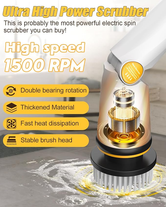 Qimedo Q2 Pro Electric Spin Scrubber, 1500 RPM High Power Cordless Shower Cleaner with Display & Effortless Handle, 16 Replacement Brush Heads Compatible with Qimedo, Leebein, Keimi, Alloyman, YKYI