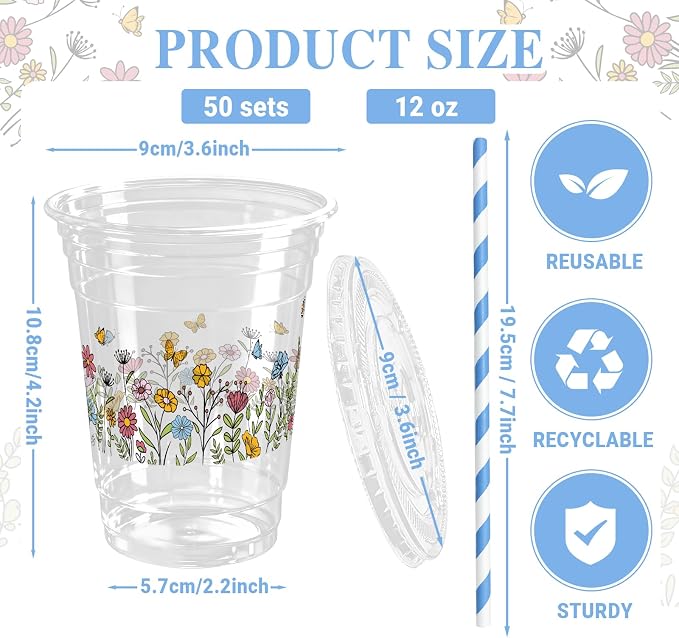 50 Sets Wildflower Plastic Cups with Lids Straws 12 oz Floral Disposable Cups Spring Flower Party Favor Drinking Beverage Cup for Baby Shower Birthday Party Supplies