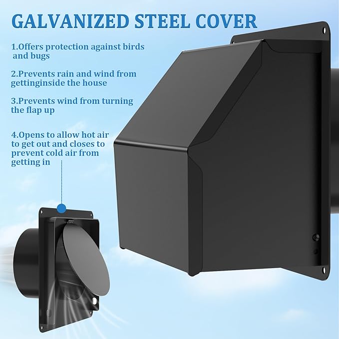 4 inch Dryer Vent Cover Outdoor,Wall Vent Cover for Dryer Outside with Rubber Cushioned Non Return Flap - Galvanized Steel Exhaust Vent Cover External Cap for Dryer Ducting/House/Range Hood/AC Black