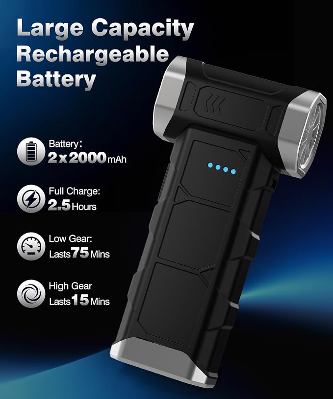 Compressed Air Duster, 110000 RPM High-Speed Electric Air Duster with Brushless Motor, 3 Rotatable Nozzles, 5 Speed Modes & 4000mAh Rechargeable Battery for PC, Keyboard, Car, House, Outdoor