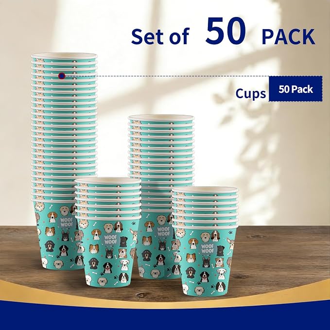 50Pcs Pet Dog Paper Cups Vintage Puppy Birthday Party Disposable 9oz Paper Cups for Sports Supplies Decorations Drinking for Birthday Party Favors